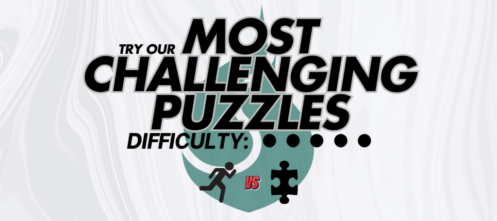 Image is a header graphic for the blog post and reads, "Try our Most Challenging Puzzles". Also pictured is a difficulty meter that is maxed out, additionally there is a stick figure opposed against a puzzle piece with a "vs." in the middle to depict the challenge a puzzle brings. Image is placed on a white patterned background with a SiamMandalay logo watermark.