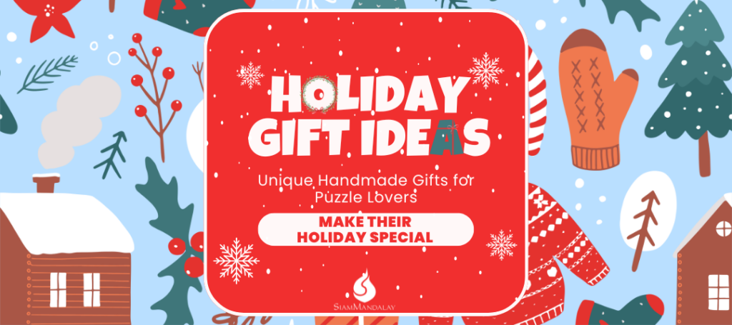 A holiday and winter themed graphic that reads, "Holiday gift ideas. Unique Handmade Gifts for Puzzle Lovers. Make their Holiday Special".