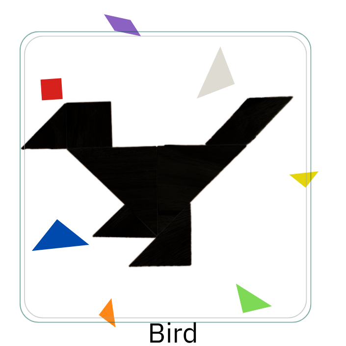 Image depicts a tangram puzzle in the shape of a bird.