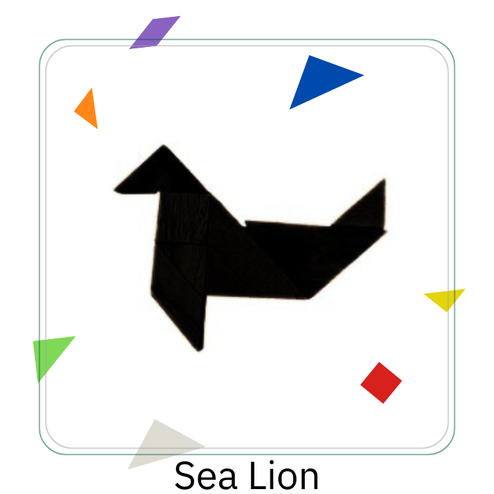 Image depicts a tangram puzzle in the shape of a sea lion.