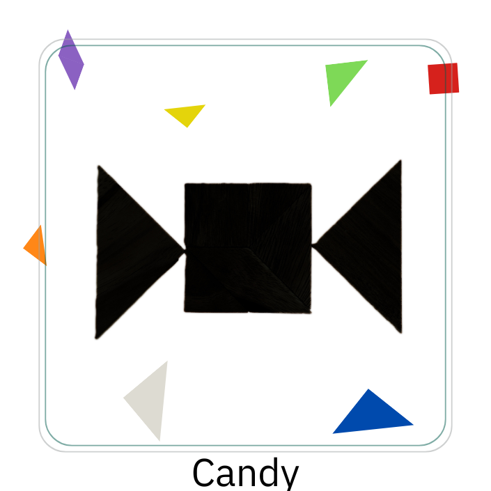 Image depicts a tangram puzzle in the shape of a piece of candy.