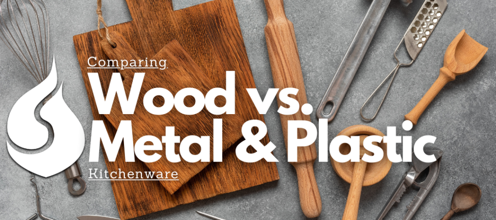 Background of the image is a kitchen countertop containing various wood kitchenware items along with metal ones. Pictured is a metal whisk, wooden cutting boards, a wood rolling pin, wooden mortar and pestle and more. Over this image there are the words, "Comparing Wood vs. Metal and Plastic Kitchenware" pictured next to the SiamMandalay Logo.