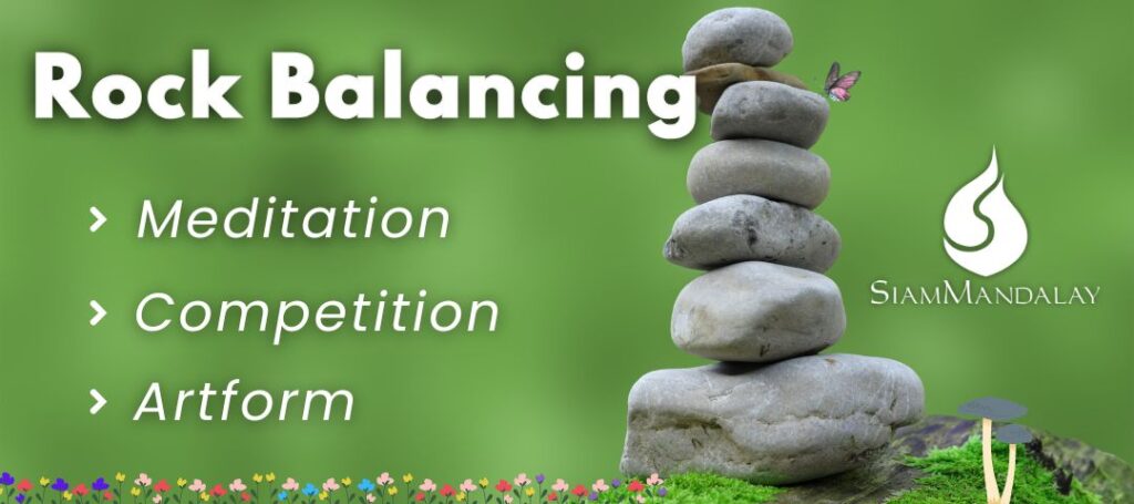 Header image depicting a pile of stacked rocks on a zen-like background along with the words, meditation, competition, and artform. Also included are some natural and environmental elements, like flowers, mushrooms, and a butterfly.