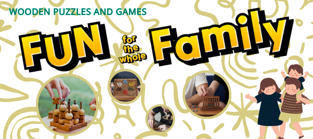 Displays the words "Fun for the Whole Family" along with images of different games being played by people, from left to right: 3D Tic Tac Toe. Chinese Checkers, Bermuda Triangle, and Penthouse Apartment.